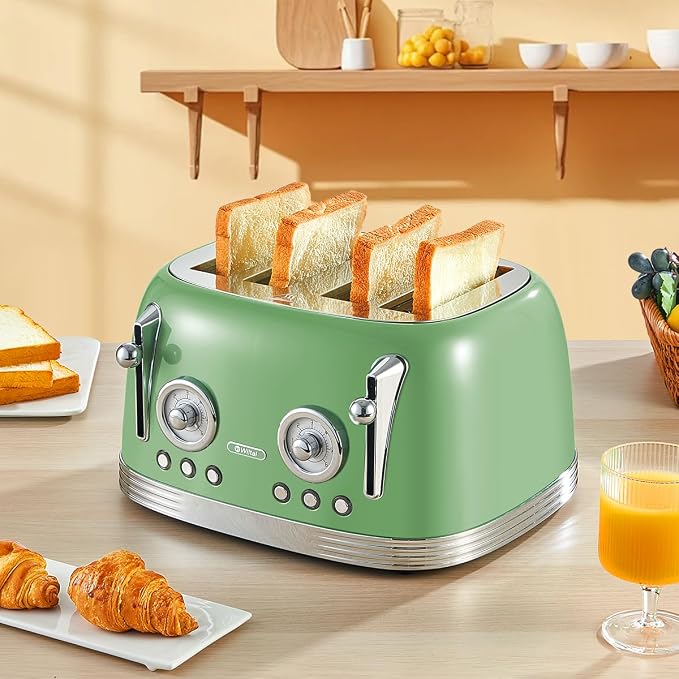 Wiltal 4 Slice Toaster, Retro Green Toaster, Bagel, With Stainless Steel Lid. Reheat, Defrost and Cancel Functions, Countdown Function, 6 Browning Levels, Stainless Steel Material, TR03