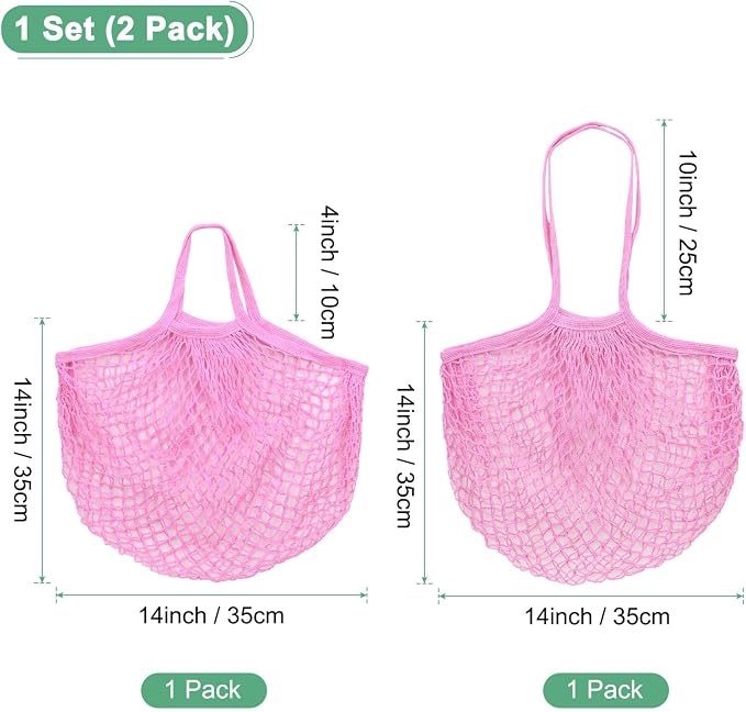 M METERXITY 2-Pack Cotton Mesh Bag, Reusable Washable Mesh Net String Grocery Bags, Reusable Produce Bags with Handle, Net Tote Bag for Fruits/Vegetables Shopping [Pink, Long&Short Handle]
