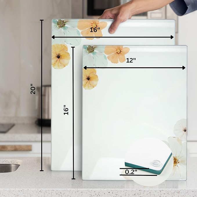 Glass Cutting Board 20”x16”: Tempered Glass Kitchen Counter Protector - Durable- Scratch-Resistant, Heat-Proof - Design 5 - Floral Design