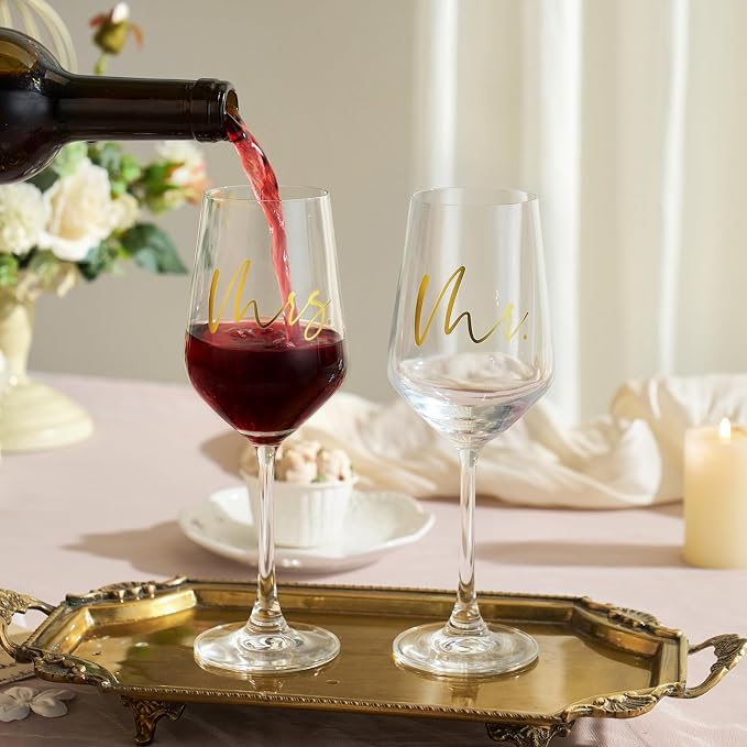 AW BRIDAL Mr and Mrs Wine Glasses Set of 2 for Engagement Bridal Shower | Wedding Gifts for Newlywed Couples 2026, Anniversary Wine Glass Gift Basket for Bride Groom and Fiance Fiancee