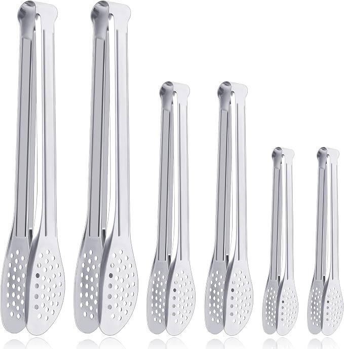 6 Pack Serving Tongs for Buffet Stainless Steel Serving Utensils 7,9,12Inch | Silver stainless steel; 7, 9 and 12 in sizes; open non-locking design for buffets, parties, catering and table service