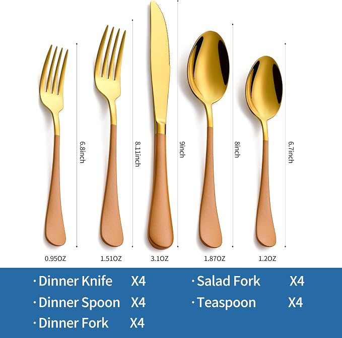 20-Piece Orange & Gold Silverware Set, 18/0 Stainless Steel Colorful Handle Flatware Set,Service for 4,Modern Cutlery Set Includes Dinner Knives Forks Spoons,Mirror Polished,Dishwasher Safe