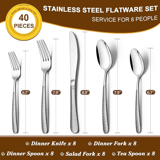 40-Piece Hammered Silverware Set, Deedro Stainless Steel Flatware Set for 8 | Food-Grade Heavy Duty Tableware Cutlery Set, Utensil Sets for Home Restaurant, Mirror Finish, Dishwasher Safe