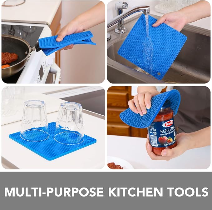 Trivets for Hot Dishes - Hot Pads for Kitchen, Silicone Pot Holders for Hot Pots and Pans, Silicone Mats for Kitchen Countertops, Table, Flexible Easy to Wash and Dry, True Blue