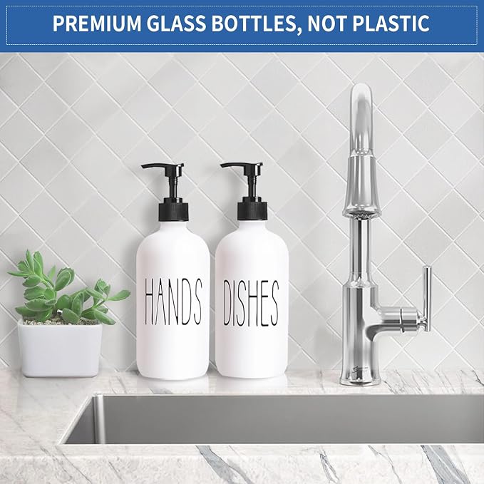 COHOSEGE 16 Oz Glass Soap Dispenser Set 2 Pack for Kitchen Sink,Contains Hand and Dish Soap Dispenser,White Kitchen Utensils