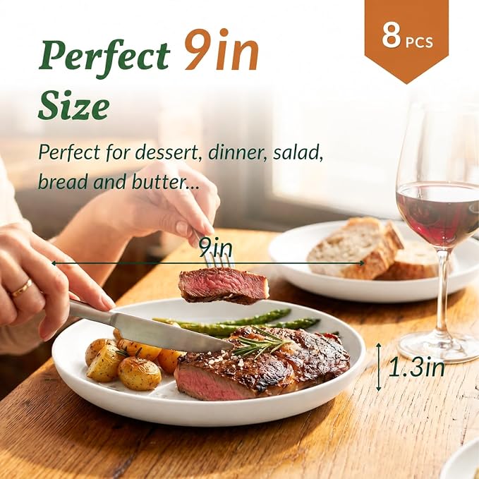 Wheat Straw Plates Set of 8 Unbreakable Microwave and Dishwasher Safe Plates for Dessert Lightweight Dinner Plates for Kitchen, Camping, Picnic, RV, Stackable Salad Plates (9 inch, White)