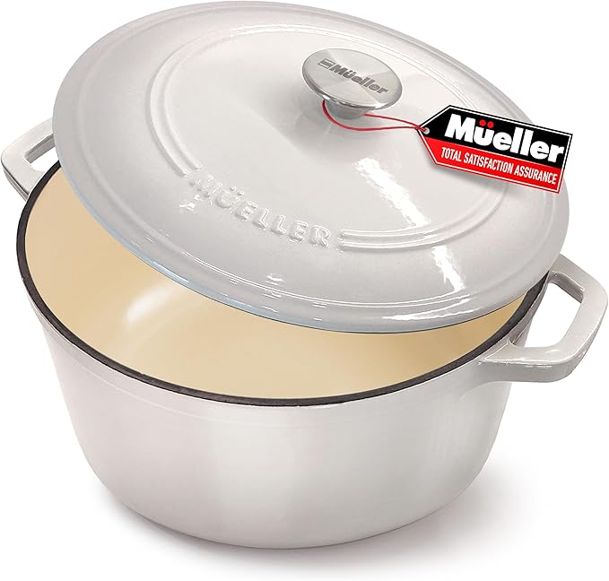 MUELLER HOME 7.5 QT Enameled Cast Iron Dutch Oven, Heavy-Duty Casserole Dish and Braiser Pan with Lid and Stainless Knob, Oven-Safe up to 500° F & Across All Cooktops, Oyster White | Heavy-Duty Casserole Dish and Braiser Pan, Lid with Stainless Knob, O...