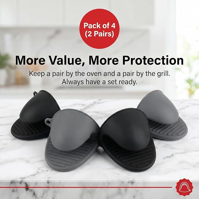 Silicone Kitchen Oven Mitts Set, Mini Finger Protector Cooking Pinch Grips Pot Holder Toaster Oven Accessories,BBQ Baking Mittens Heat Resistant Gloves, 2 Pairs（Black and Cool Gray）