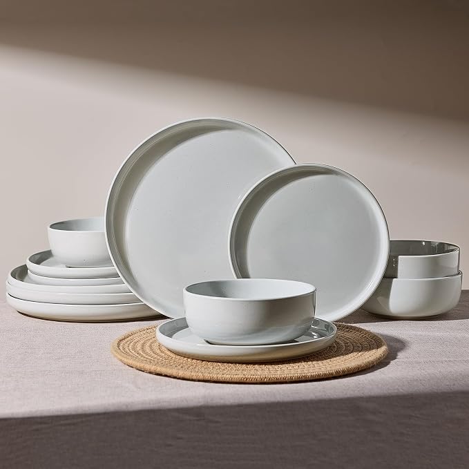 Famiware Milkyway 12-Piece Stoneware Dinnerware Set, Light Gray | Plates and Bowls for 4, Dishes Set for Everyday & Formal Use, Microwave & Dishwasher Safe, Chip & Scratch Resistant