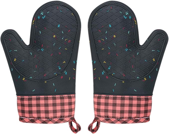 Wanheart Heat Resistant Silicone Oven Mitts, Pink Cooking Gloves, 2 Pack | Heat Resistant, Non Slip Grip, Cute Pink Design, Easy Clean, Cotton Lined