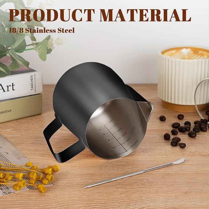 Amrules Milk Frothing Pitcher 12oz Frother Cup Barista Tools, Black | 18/8 Stainless Steel, 12oz Capacity with Clear Scale, with Decorating Pen, Ergonomic Handle, for Cappuccino, Latte & Espresso