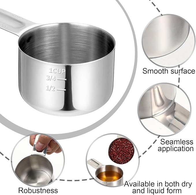 1 Cup Measuring Cup(8 oz | 240 ml) Stainless Steel Rice Cup, Metal One Cups Scoop Single Measure Cups, Kitchen Gadgets for Cooking, Baking, Laundry Detergent, Wet and Dry Ingredients