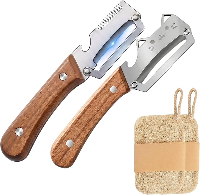 3-in-1 Vegetable Peeler, Julienne Shredder, Combo Set, Dark Wood | Stainless steel 3-in-1 peeler with wood handle, bottle opener and natural loofah sponge for vegetables, scallions and prep.