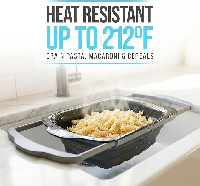 Comfify Over-the-Sink Colander with Handles – Sleek Plastic Black Kitchen Strainer for Pasta, Vegetables & Fruits – Space-Saving Design – 17.1 x 10.2 x 1.75 Inches