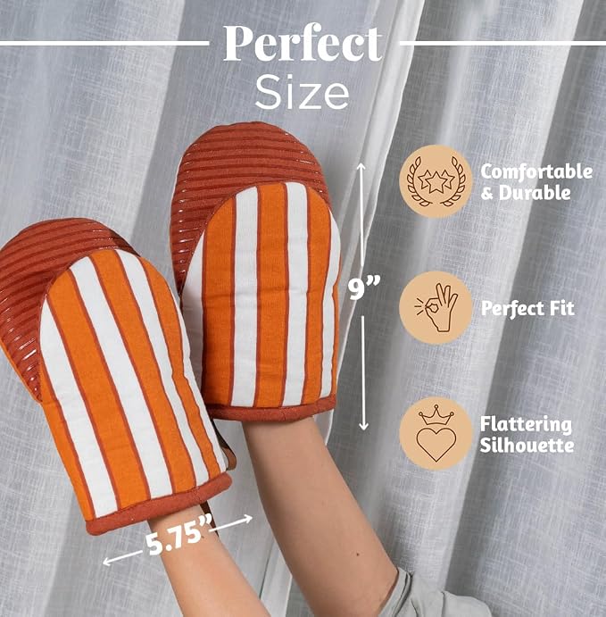 Folkulture Fall Oven Mitts, Striped Rust & White, Set of 2 - (5.75"x9") | 100% Cotton, Non Slip, Silicone, Cute Striped Mini Mits with Hanging Loop, Fall Kitchen Décor, Cooking Gifts, Baking