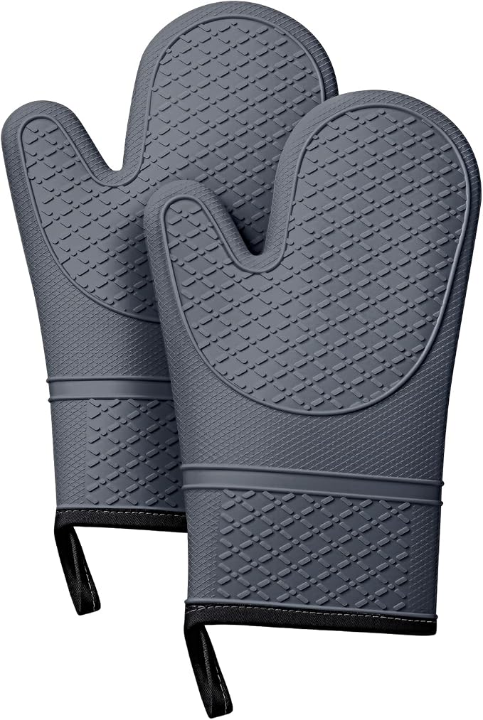 Heat Resistant Silicone Oven Mitts, Up to 500°F Protection for Baking & Grilling, 1 Pair (Grey, Standard Thickness)