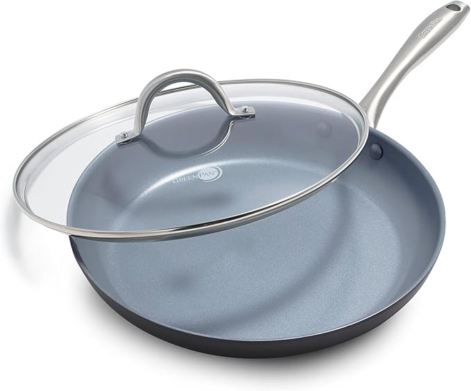GreenPan Lima Hard Anodized 12" Frying Pan Skillet with Lid, Ceramic Nonstick, PFAS-Free Nontoxic Pots and Pans, Oven & Broiler Safe, Stainless Steel Handle, Cookware for Eggs & Omelet, Gray