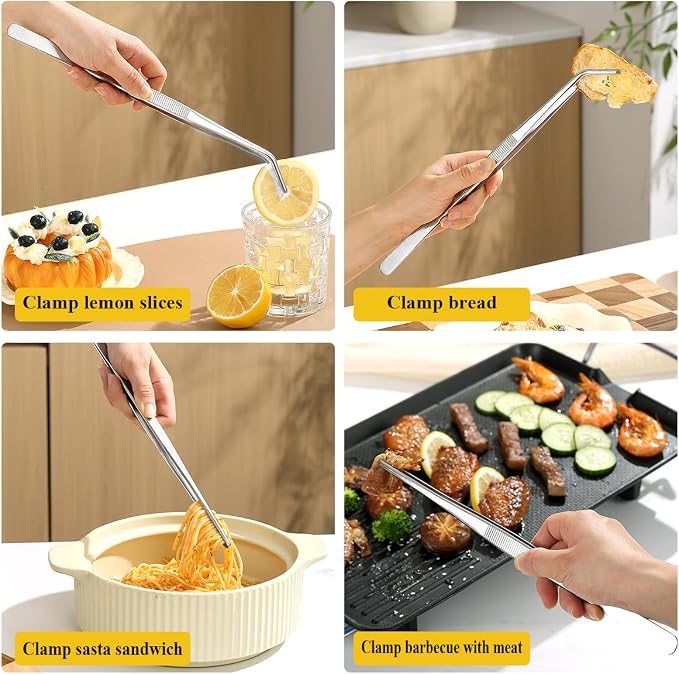 Berglander Kitchen Tweezers Tongs 2pcs, 12" Extra-Long Stainless Steel Metal Heavy Duty Cooking Tweezers for Chef, Serving Food, Grill, Culinary, Pasta, Salad, BBQ