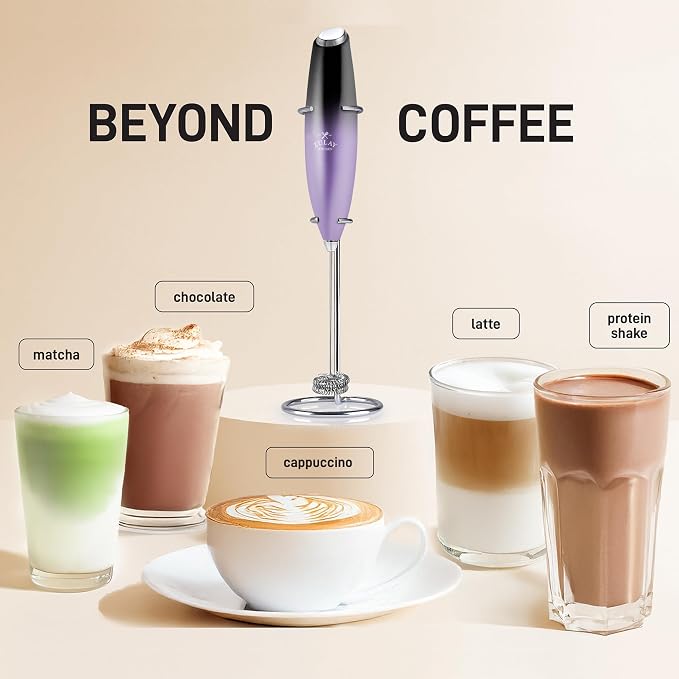 Zulay Kitchen Powerful Milk Frother Wand With Duracell Batteries - Ultra Fast Handheld Drink Mixer - Electric Whisk Foam Maker for Coffee, Lattes, Cappuccino & Matcha - Double Whisk - Black Purple