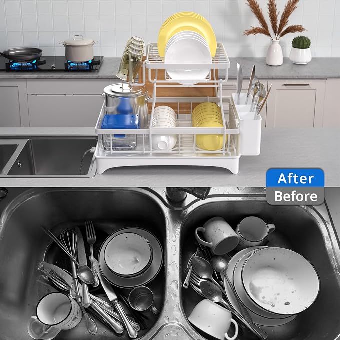 2-Tier Dish Drying Rack - Dish Rack with Auto Drain-to-Sink & Mat | Dish Racks for Kitchen Counter, Dish Drainer with Knife Fork & Cup Rack, Gifts for Women, Mothers Day, Kitchen Gadgets, White