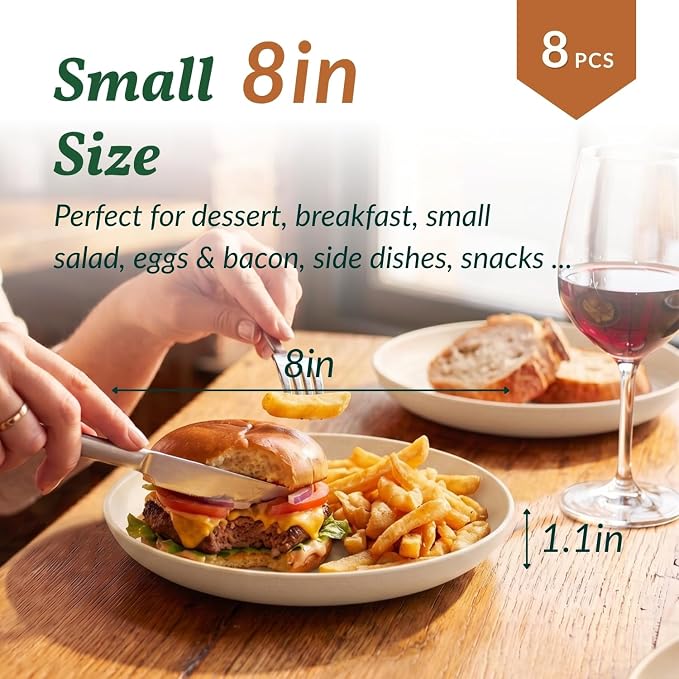 Dessert Plates - 8 Inch Wheat Straw Plates Set, Dinner Plates Set of 8, Appetizer Plates, Lightweight Unbreakable Plates, Microwave Safe Plates, Deep Plates for Dinner - Beige