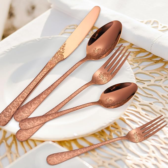 Vintage Flatware Copper/Rose Gold Floral Silverware 30 Piece Stainless Steel Set for 6 Cutlery Utensils Unique Embossed Pattern Design Elegant Home Kitchen Restaurant Festival Parties