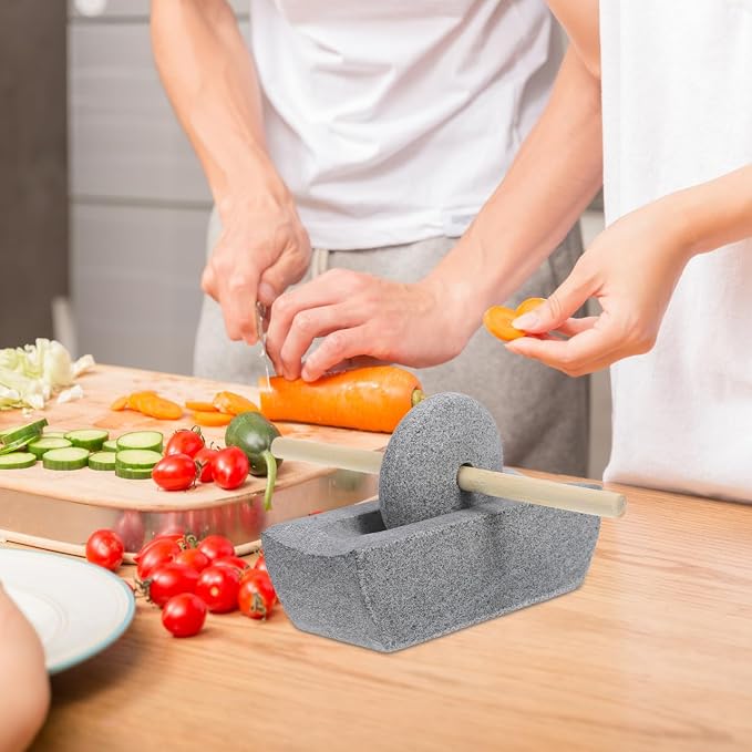 ABOOFAN 1 Set Traditional Chinese Stone Mill Manual Grinder with Hand Crank for Tea Spice Grinding Compact Rolling Pestle for Home Use Ergonomic Design for Effortless Grinding