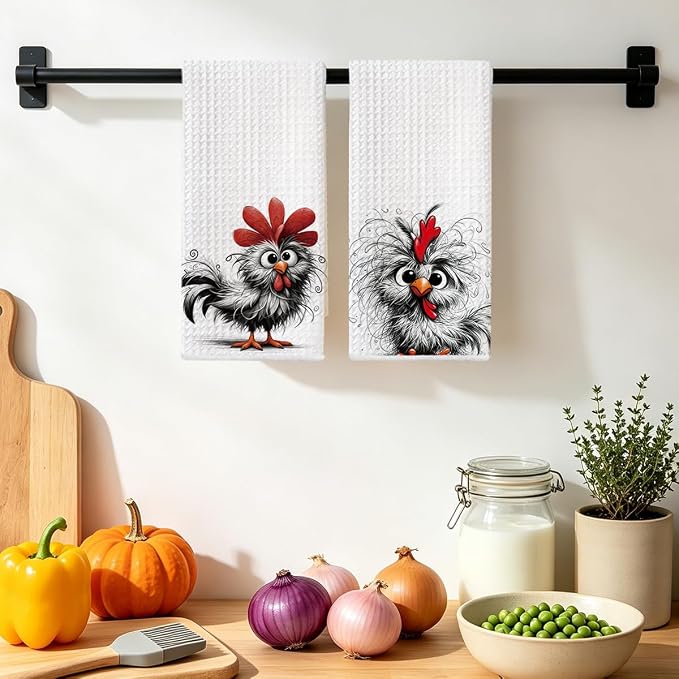 2 Pcs Funny Chicken Kitchen Towels, Chickens Gifts Absorbent Hand Towel | Chicken Lover Gifts for Women Mom, Waffle Dish Towels for Kitchen Home Decor, 24x14 Inch