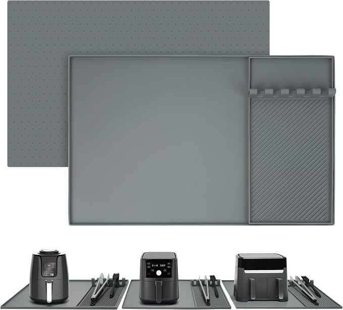 Boribim 24x16 Inch Silicone Mat for Kitchen Counter, Kitchen Essentials and Gadgets - Silicone Air Fryer and Coffee Mat Set - Heat Resistant Mat for AirFryer, Microwave, Oven, Coffee Machine (Gray)