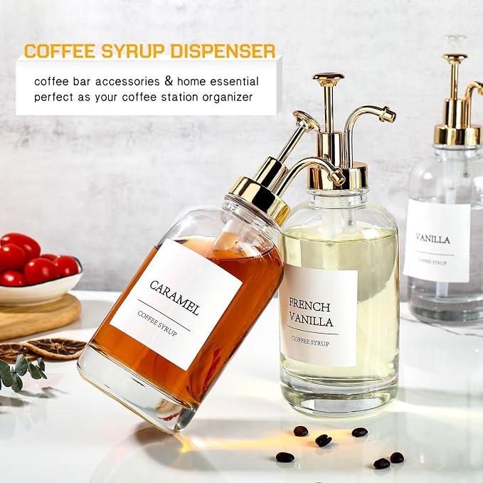 Coffee Bar Accessories,Coffee Syrup Dispenser with Labels for Coffee Bar,Pack of 4,Total 67.6 oz (Gold Pump)