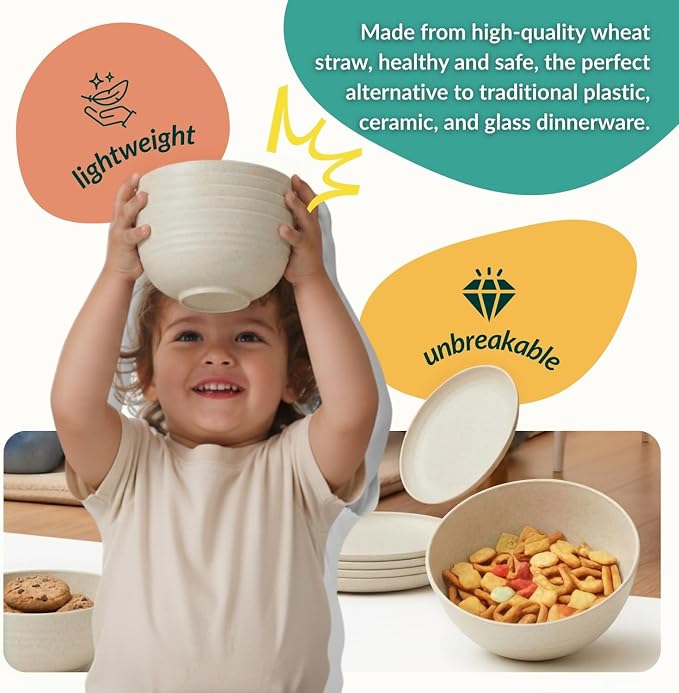 Wheat Straw Dinnerware Sets 40 PCS Plates and Bowls Sets with Cup Set and Dipping Bowls, Unbreakable Camping Dishes Microwave and Dishwasher Safe Dinnerware Set for Dinner, Outdoor (Beige)