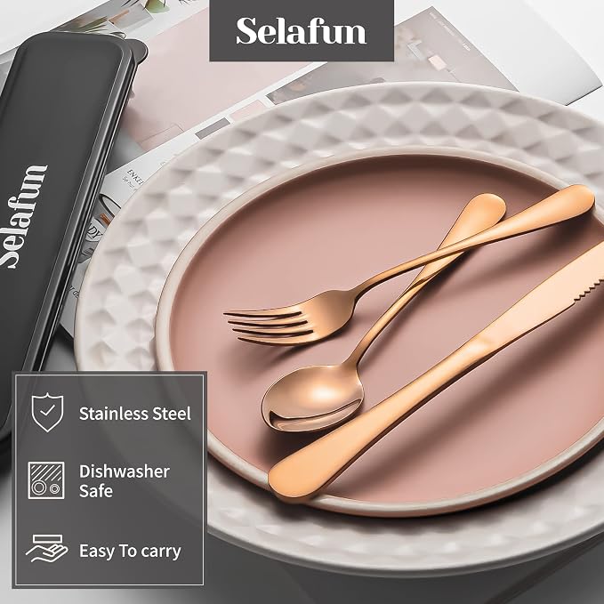 4-pieces Travel Set with Case Portable Silverware Utensils Set for work, Stainless Steel Reusable Flatware Set Cutlery Set for Camping Picnic Hiking Office (6.7inch, Rose Gold)