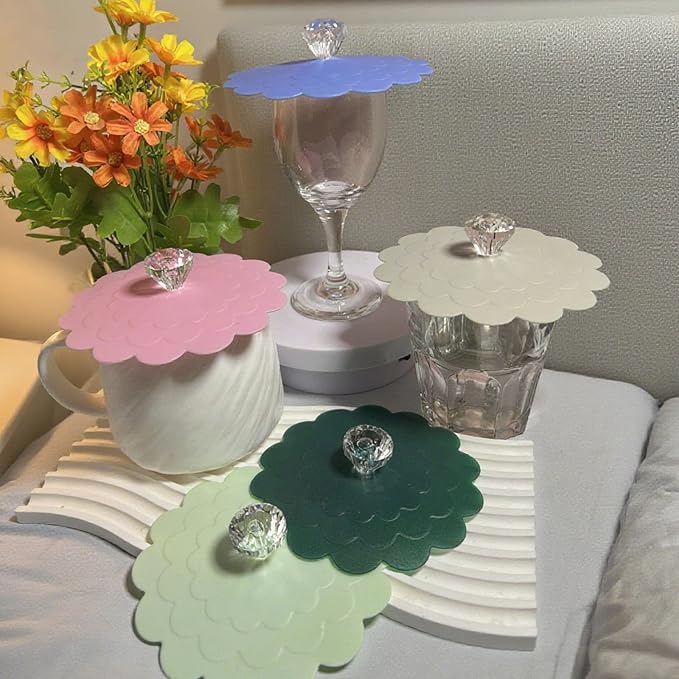 flower Silicone Cup Covers (Set of 5), Multicolored Silicone Lids for Mugs, Cups, Flexible Mug Covers, Tea Pots, Hot Cup Lids for Coffee & Tea (Style C)