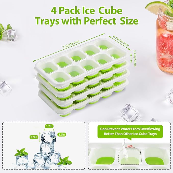 DOQAUS Ice Cube Tray with Lids, 4 Pack Silicone Ice Trays for Freezer | Stackable BPA & LFGB Safe, Easy Release for Kitchen, RV, Cocktail, Coffee, Soup & Food
