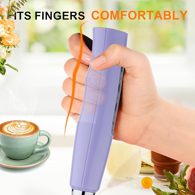 YUSWKO Handheld Milk Frother Wand for Coffee, Rechargeable Electric Whisk with 3 Heads 3 Speeds Drink Mixer Coffee Frother For Latte, Cappuccino, Hot Chocolate, Egg, Light Purple