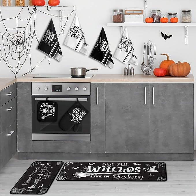 Fanfanwin 10 Pcs Halloween Kitchen Decor Accessories Set Witch Style | Halloween 4 Kitchen Towels 2 Pot Holders 2 Oven Mitts 2 Rugs Set, for Baking Cooking BBQ Autumn Home Decor Holiday Gifts