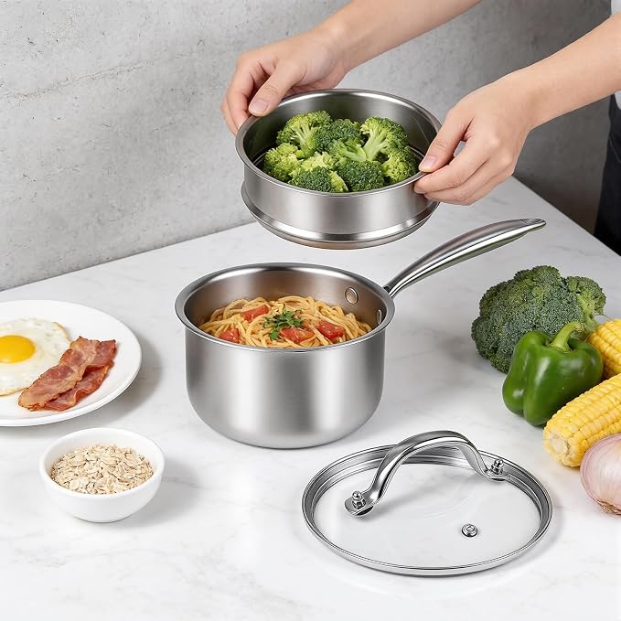 Ohtomber 3 Qt Tri-Ply Stainless Steel Saucepan with Steamer Basket & Lid | Nonstick, Saucepan with Stay-Cool Handle, Induction Safe, Medium Cooking Pot, Ideal for Vegetables, Oatmeal, Daily Steaming