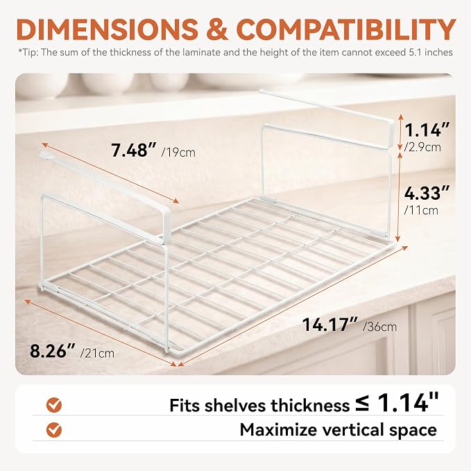 Under Shelf Basket, 15" Metal Under Shelf Storage, Space Saving Cabinet Organizers and Storage for Kitchen Pantry, Bookshelf, Cabinet, Bathroom,White