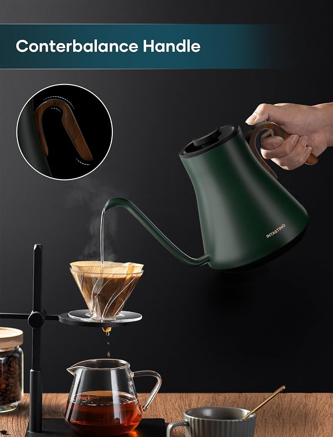 INTASTING Gooseneck Electric Kettle with 1℉ Temperature Control, 0.9 Liter | Fast Heating, Stainless Steel Interior, for Pour Over Coffee, Tea & Boiling Water, Keep Warm, Auto Shut-Off, Forest Green