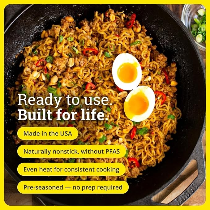 Lodge 14 Inch Cast Iron Wok with Dual Loop Handles – PFAS FREE Pre-Seasoned Family Size Stir Fry Pan – Stovetop & Oven Safe Heavy Duty High-Heat Retention Wok – Made in USA