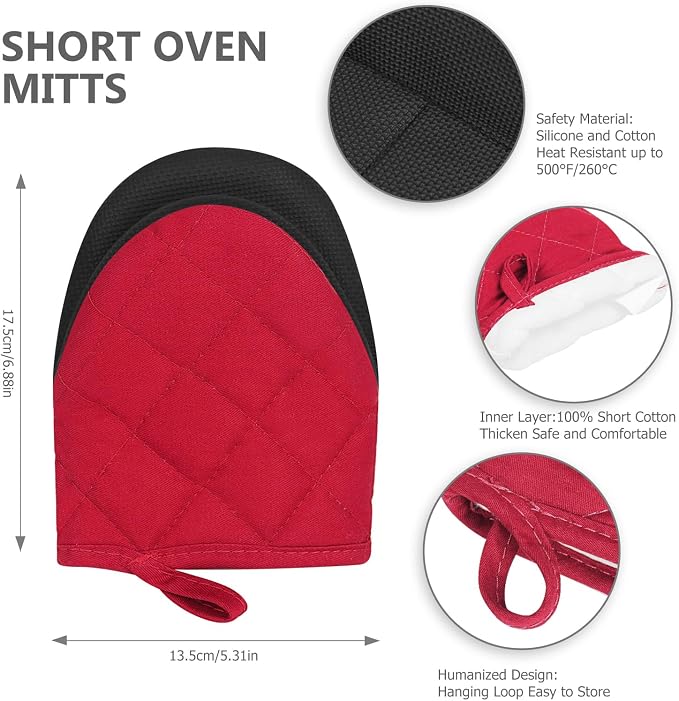 Goldmeet Mini Oven Mitts 2-Pack, 7"x5.5", 500°F Silicone Grip, Red | Non-Slip, Heat Resistant, Machine Washable, Hanging Loop, Fits Small Hands, for Baking Grilling BBQ Cooking