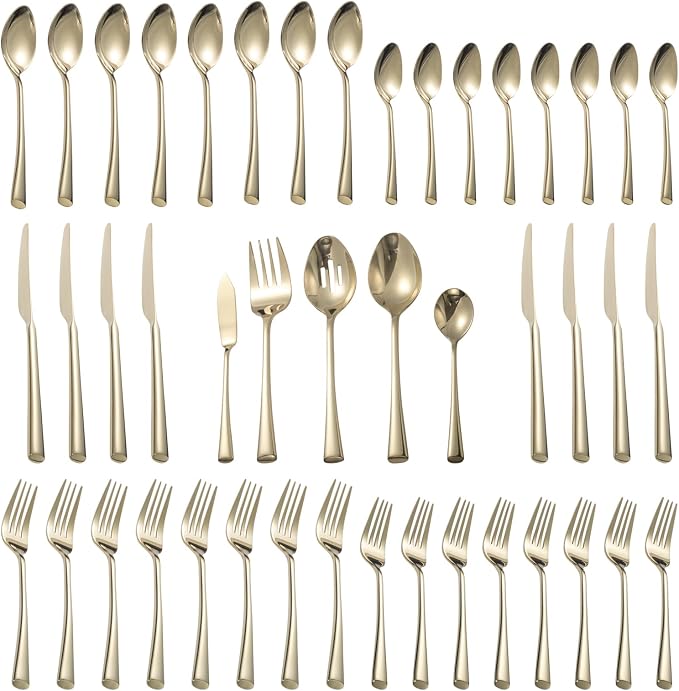Alata Bailey Champagne Gold 45-Piece Forged Stainless Steel Flatware Set Cutlery Set With Utensil-Serving Set, Service for 8, Silver Finish, Dishwasher Safe