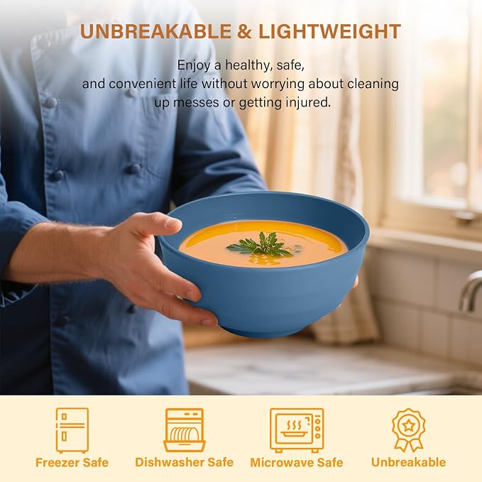 Deep Noodle Bowls Set of 8: 60oz Large Wheat Straw Bowls for Pho, Ramen & Salad, Lightweight & Unbreakable, Microwave Safe for Camping, Cereal & Soup (Blue)