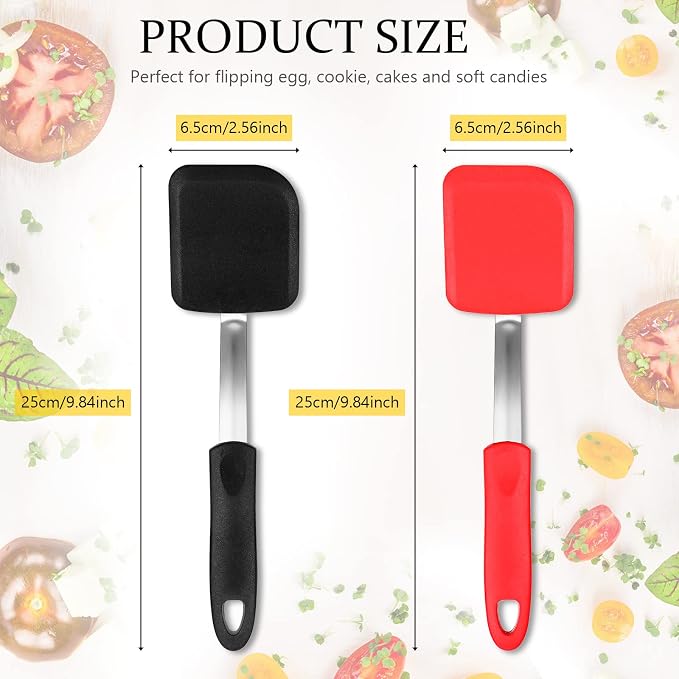 Silicone Cookie Spatula Turner 2 Pack Mini Brownie Spatula Flexible Kitchen Small Silicone Turner for Nonstick Cookware Heat Resistant No Scratch Flipper for Egg(Solid Flat,Black, Red)