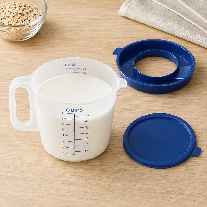 8 Cup Measuring Cup with Splash Guard Lid, BPA-Free Plastic Mixing Bowl for Baking, Pancakes & Meal Prep, Clear Accurate Measurement Marks