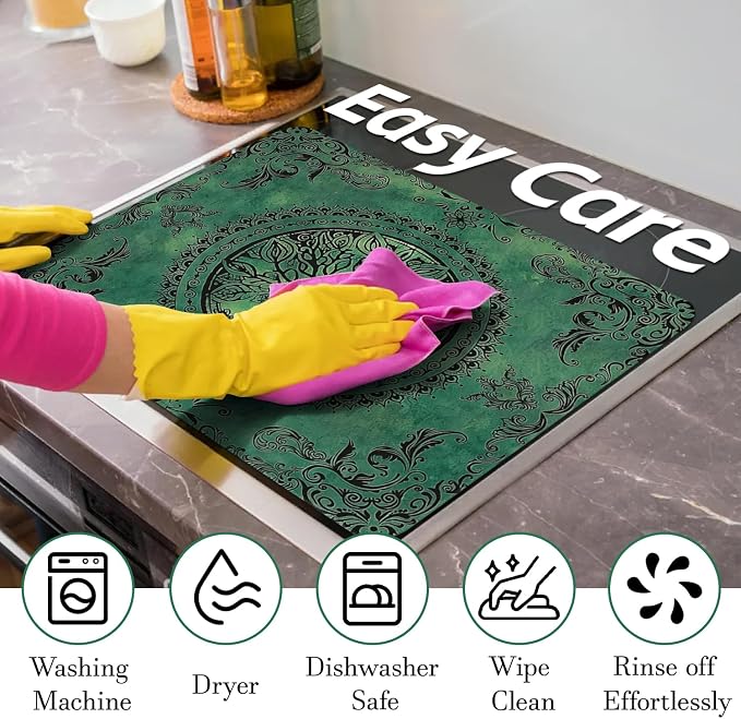 Tree of Life Stove Top Cover for Electric Stoves,Boho Bohemian Mandala Green Nature Stove Top Cover for Kitchen Decor,Heat Resistant Cooktop Protector Mat,Non-Slip Washable Dish Drying Mat 28"x20"