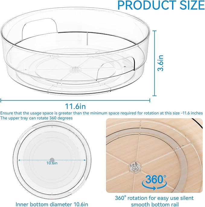12" W Clear Acrylic Lazy Susan Turntable for Refrigerator,Cabinet - with Handle - 2 Pack Large Fridge Sauce Condiment Turn Table Organizer,Spinning Round Spice Rack Carousel for Pantry,Kitchen
