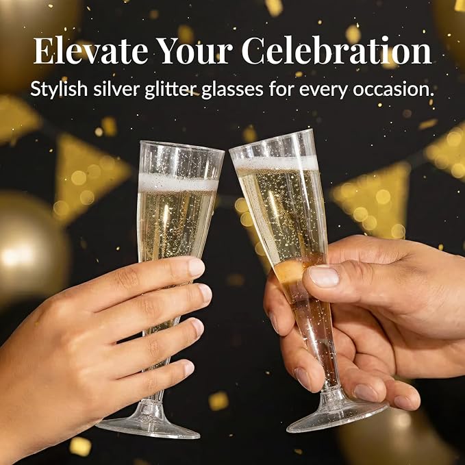 Prestee 200 Disposable Champagne Flutes Plastic 200 Pack - Silver Glitter Champagne Flutes for Weddings, Parties, and New Year’s Eve - 4.5 Oz Plastic Silver Party Glasses
