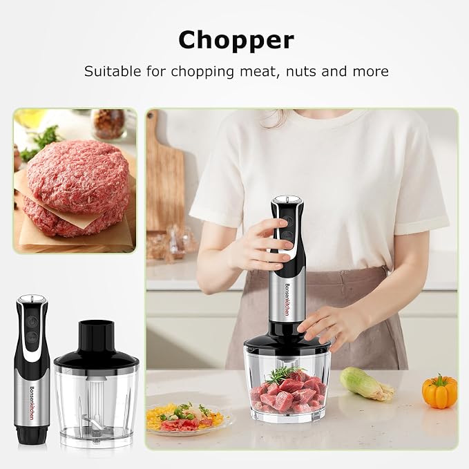 Bonsenkitchen Immersion Blender with Food Processor,12 Speeds & Turbo Mode | 4-In-1 Hand Blender with Stainless Steel Blade, Beaker & Chopper Bowl, Stick Mixer for Baby Food,Smoothies, Soups & Sauces