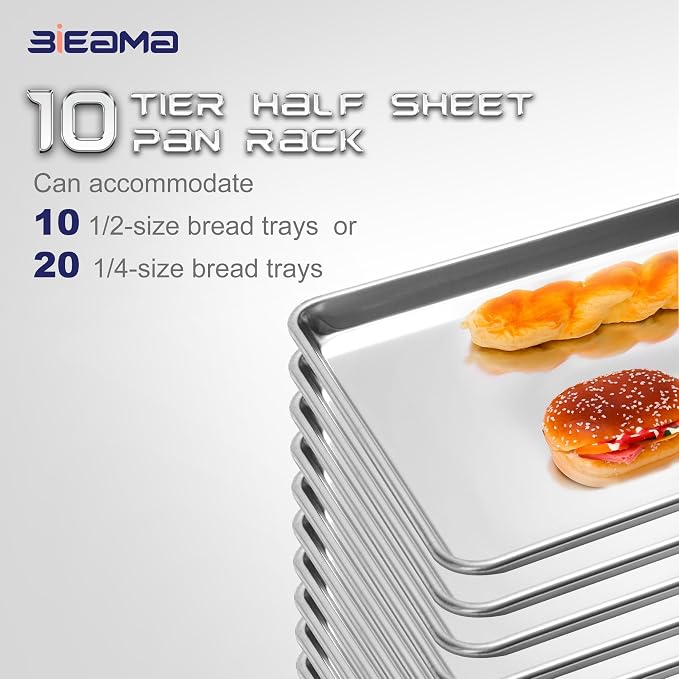 BIEAMA 10-Tier Sheet Pan Rack, NSF Aluminum Bun Pan Rack | Bakery speed Rack for Home Commercial Kitchen Bakery Cooling, 4 Wheels